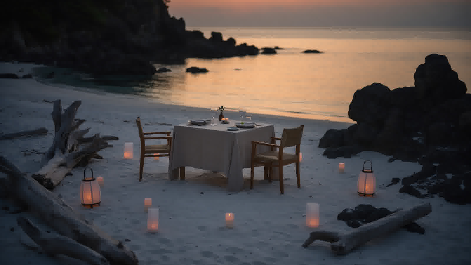 A table set on the sand at dusk