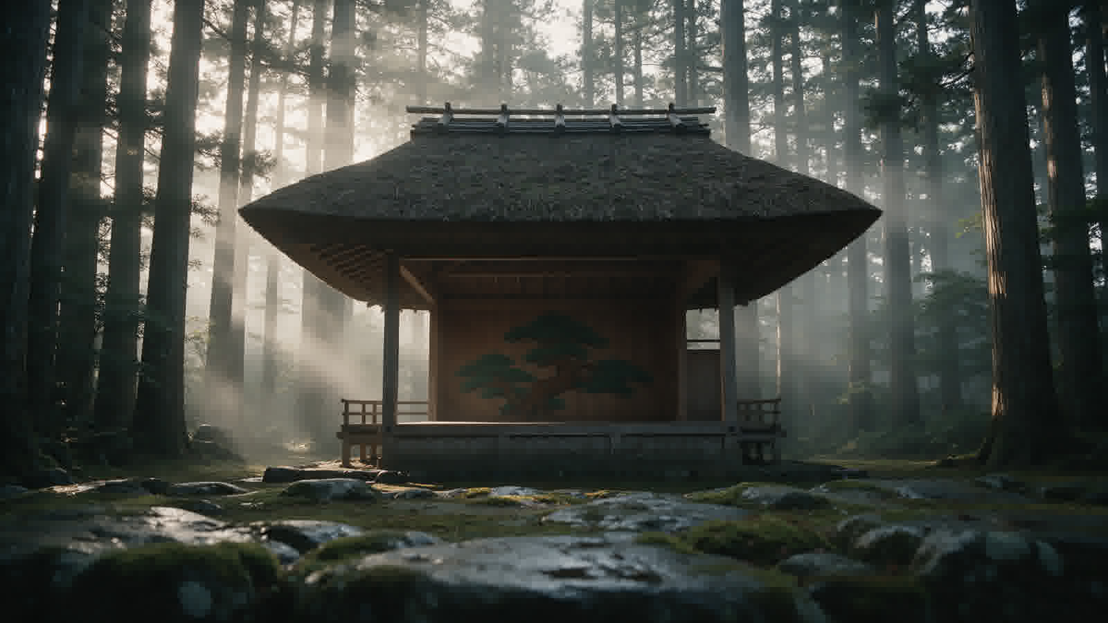 Thatched Noh stage in a cedar grove at dawn, mist between the trunks