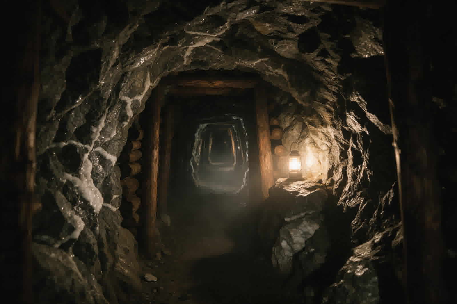 Timbered gold-mine tunnel receding into darkness