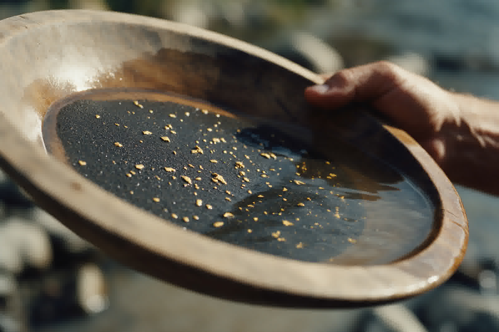 Gold flakes in a wooden pan, wet gravel and water
