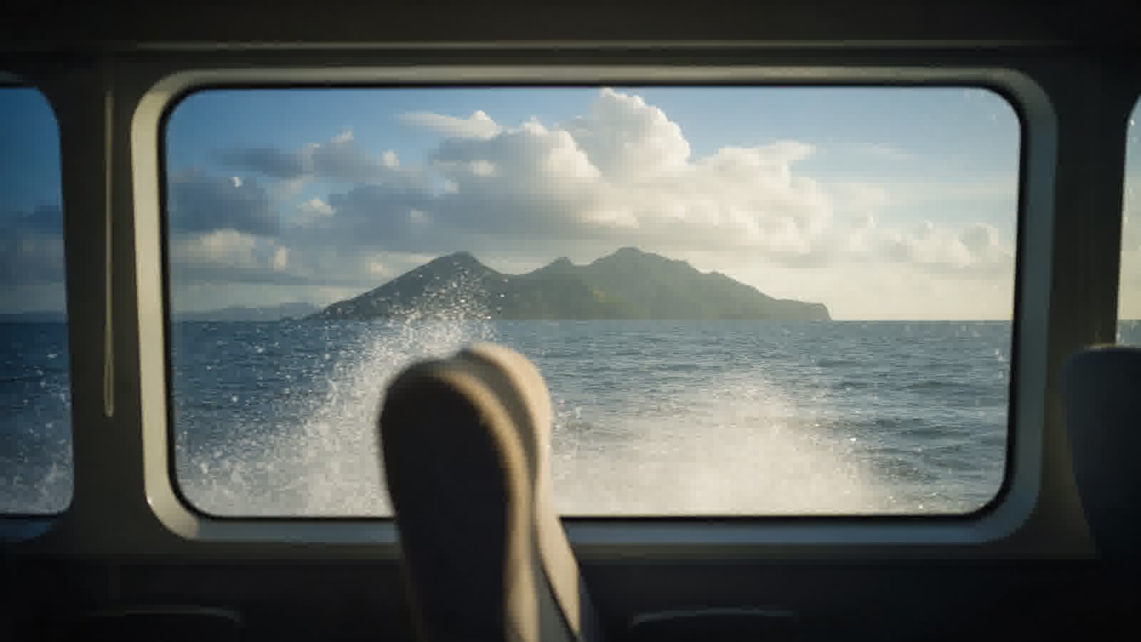 View through a hydrofoil cabin window toward Sado
