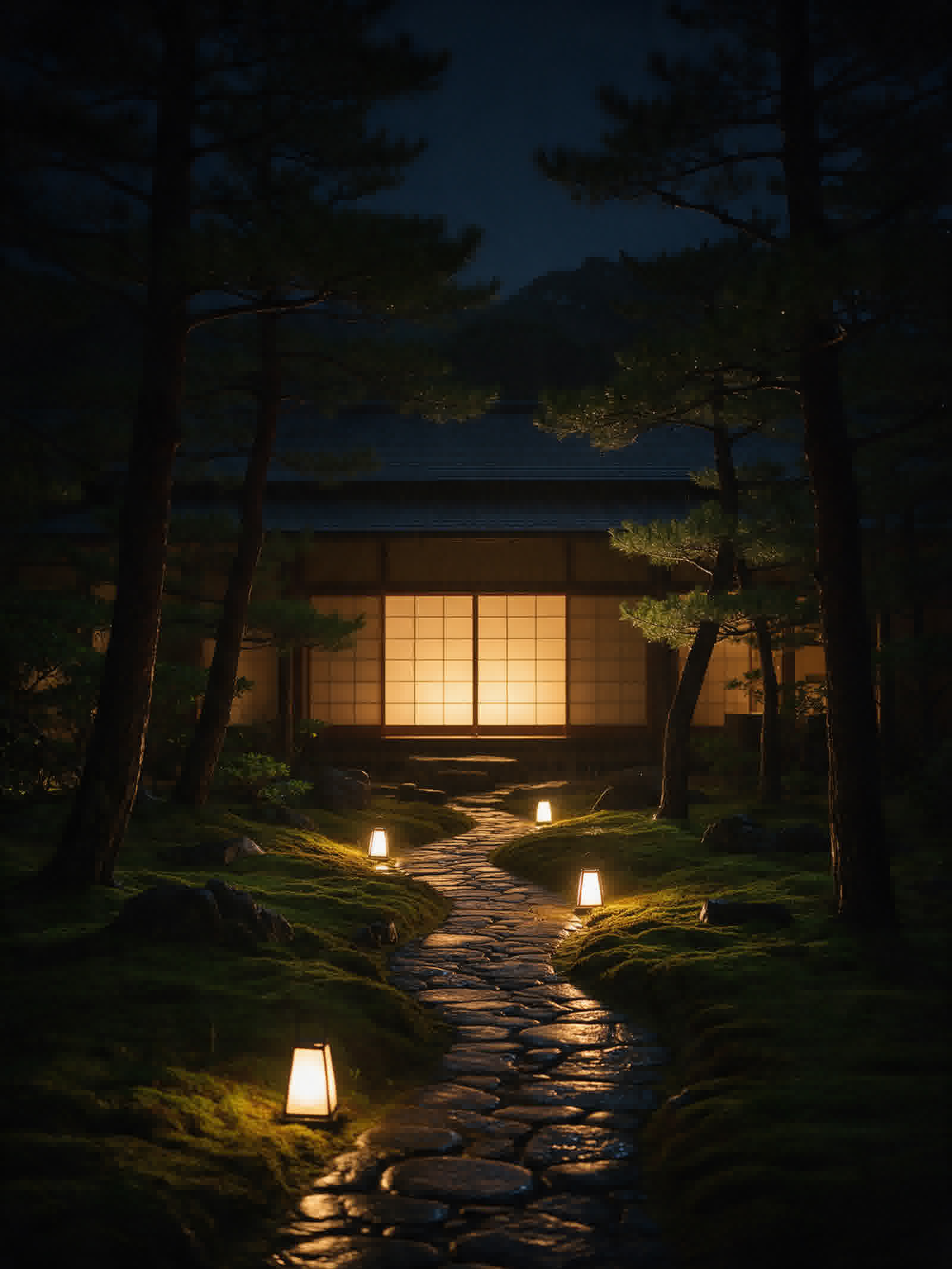 Stone path lit by paper lanterns at night