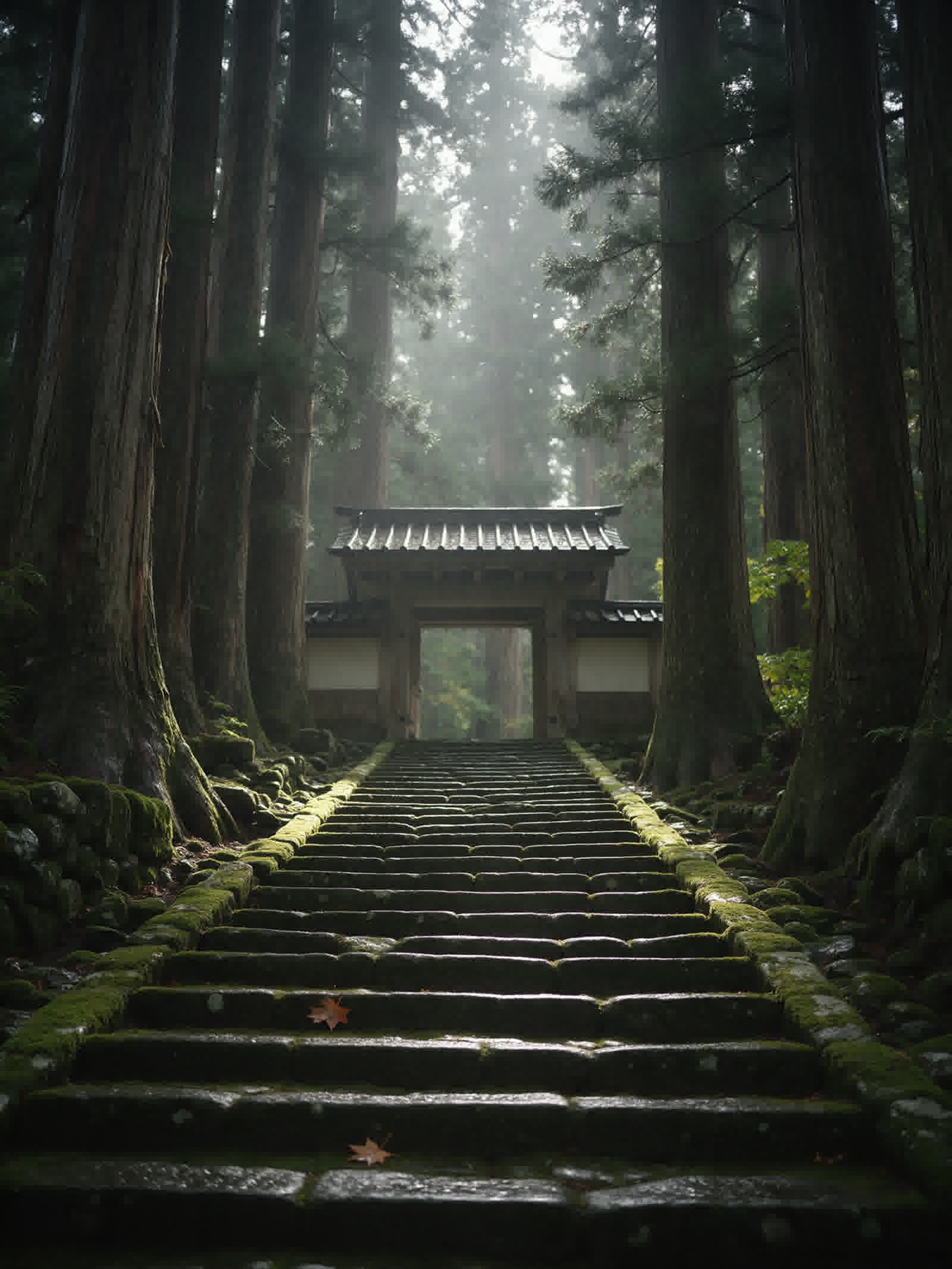 Cedar-lined stone steps at Mano Goryo in soft forest light
