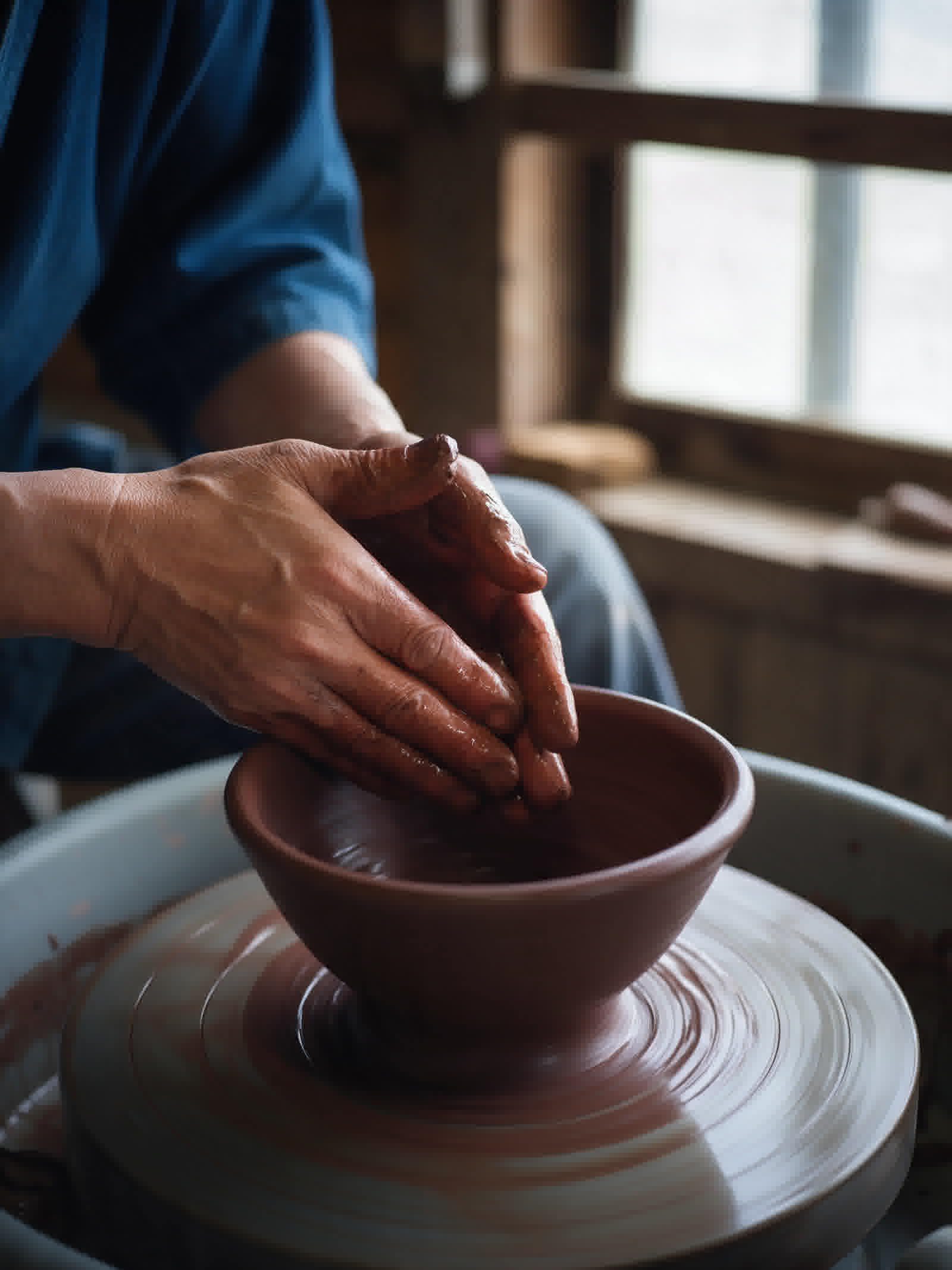 Hands at a wheel with red mumyoi clay