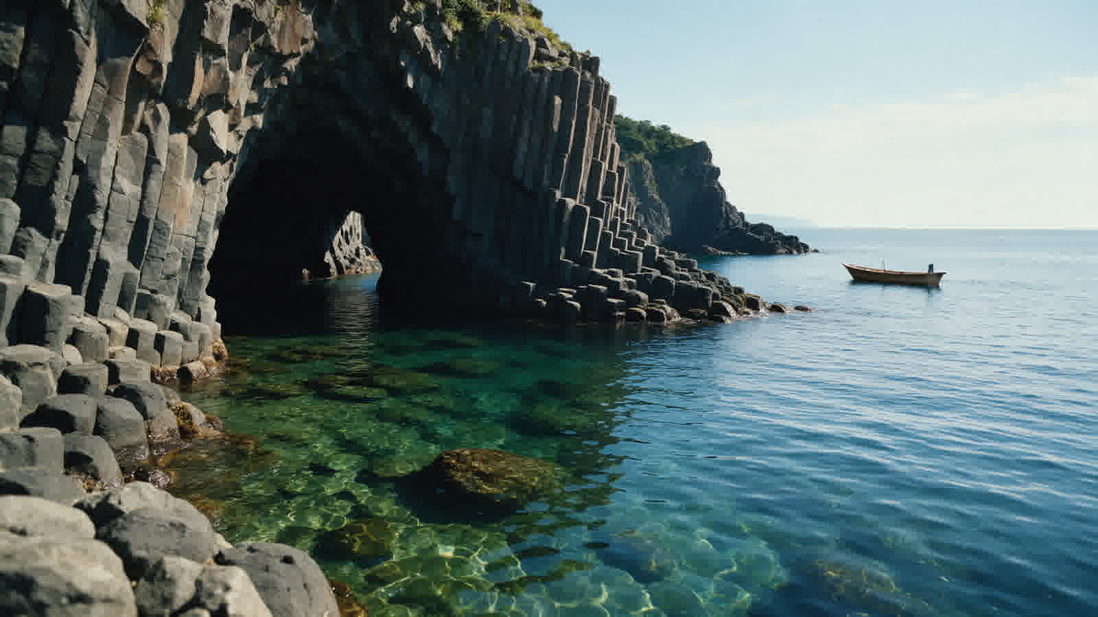 Pillow lava, rock shelves and clear water on the Ogi coast