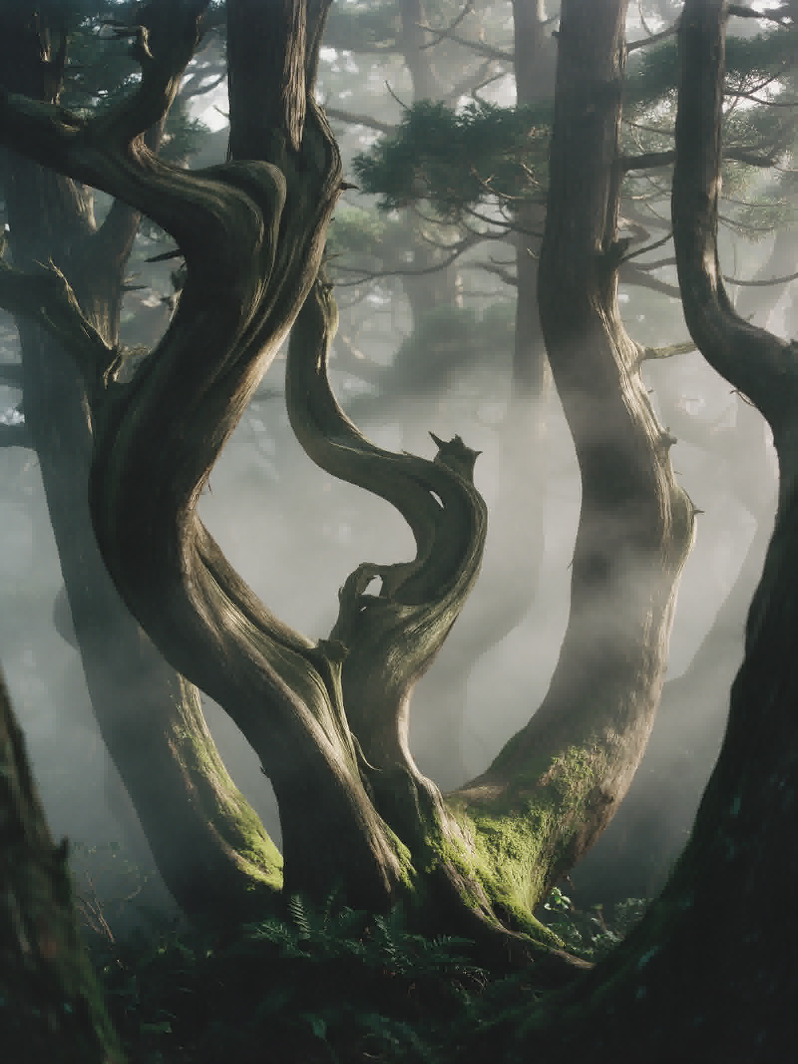 Sado cedar forest in fog, vertical trunks in pale light