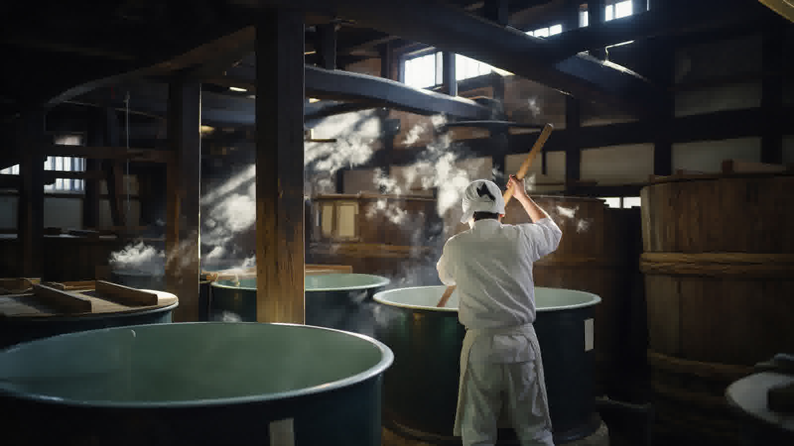 Sake brewery interior, cedar tanks in cool morning light