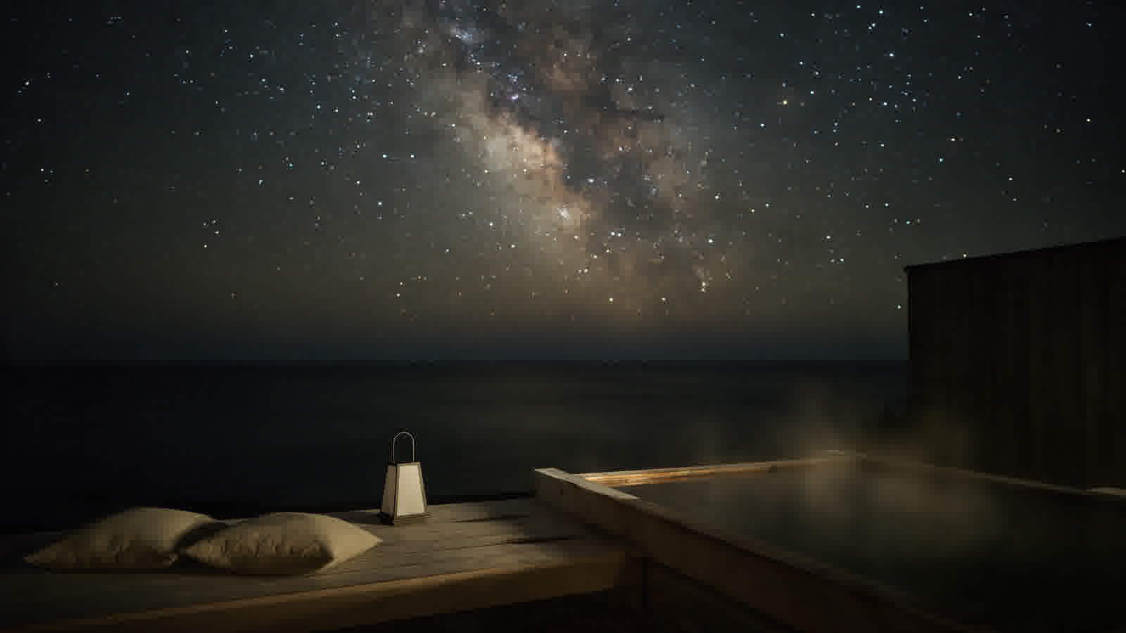 Villa terrace at night under a dark sky, lantern and sea