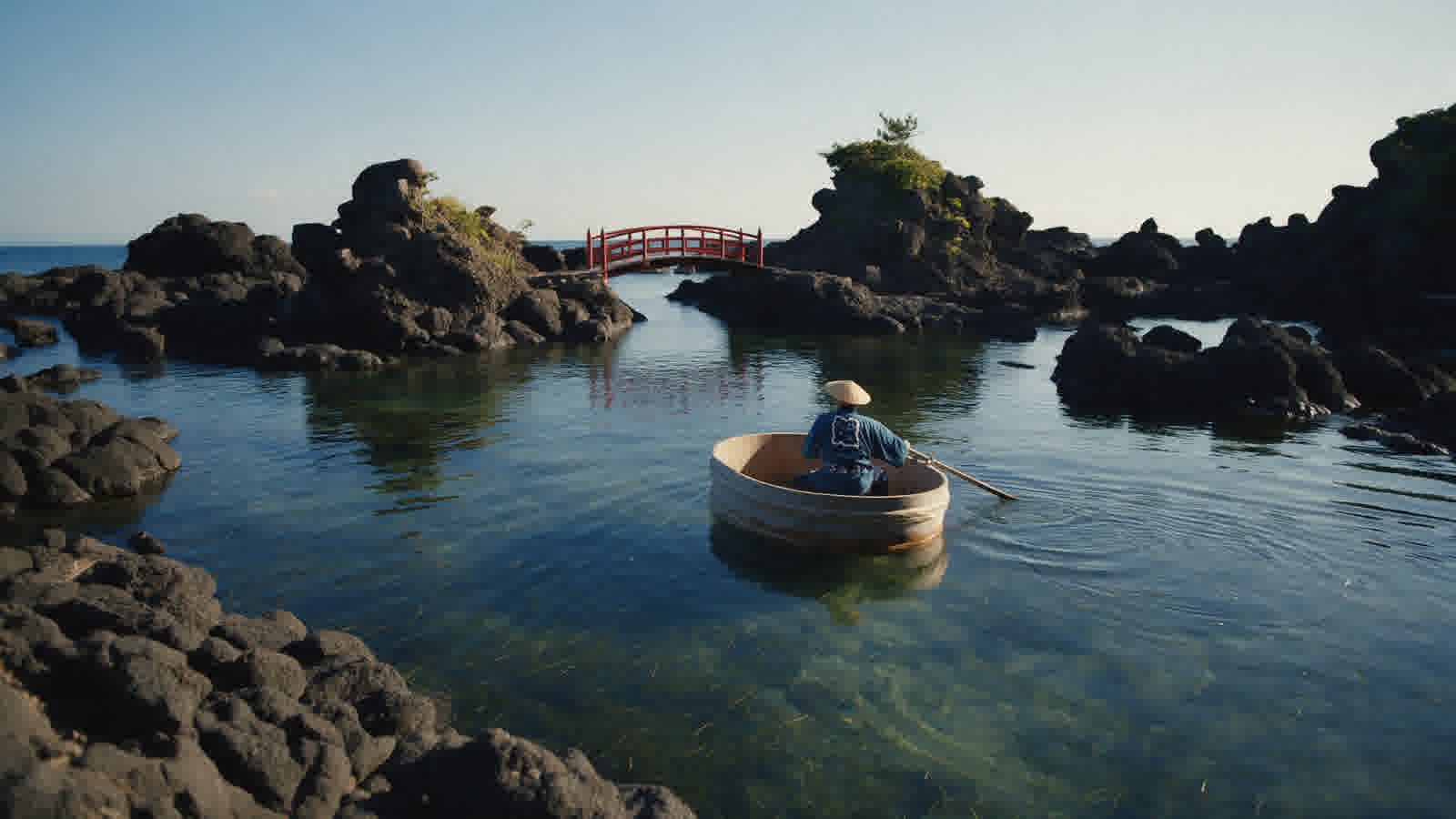 Cedar tub boat on the water at Ogi