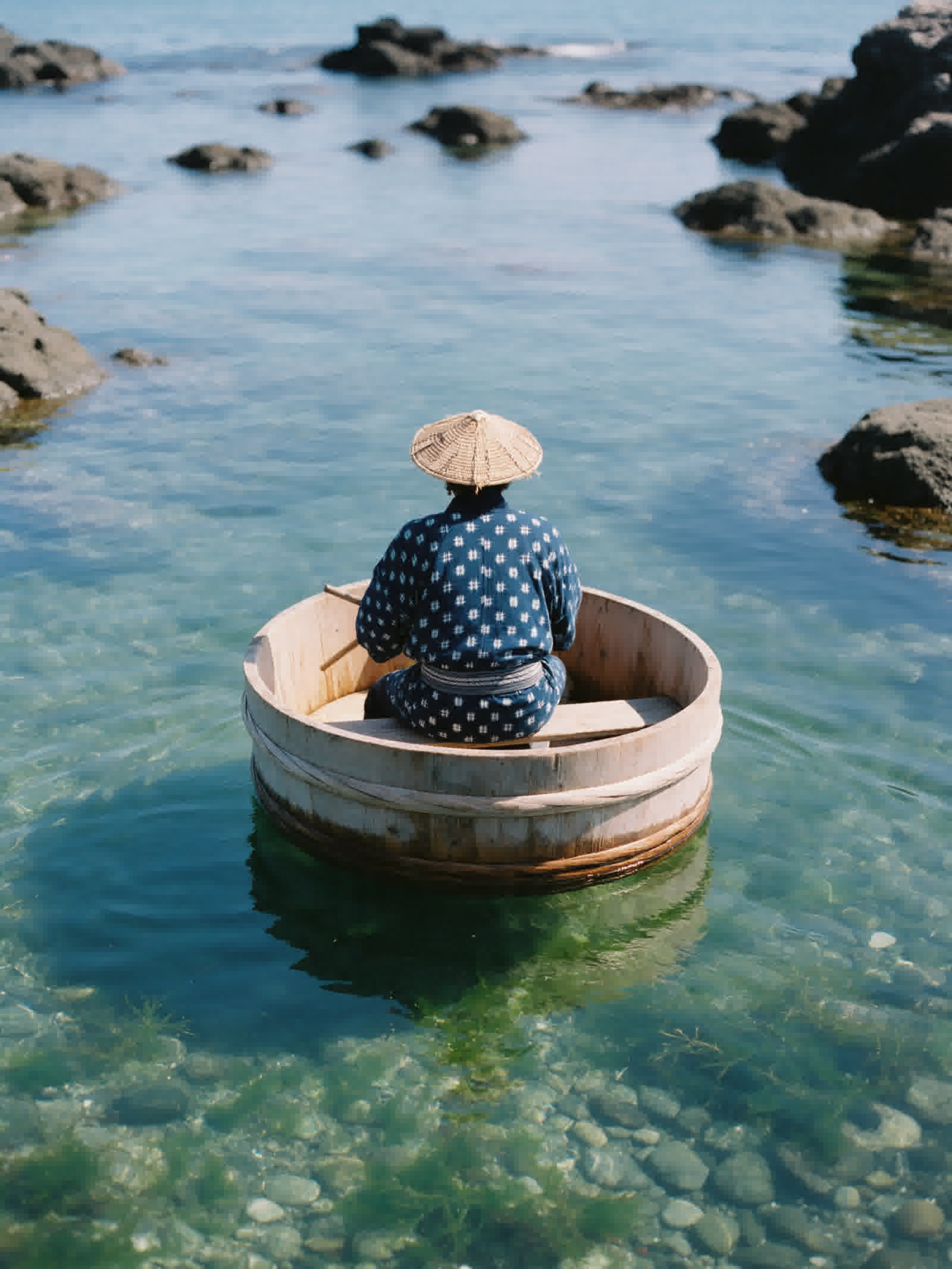 Cedar tub boat in an Ogi cove, water and rock