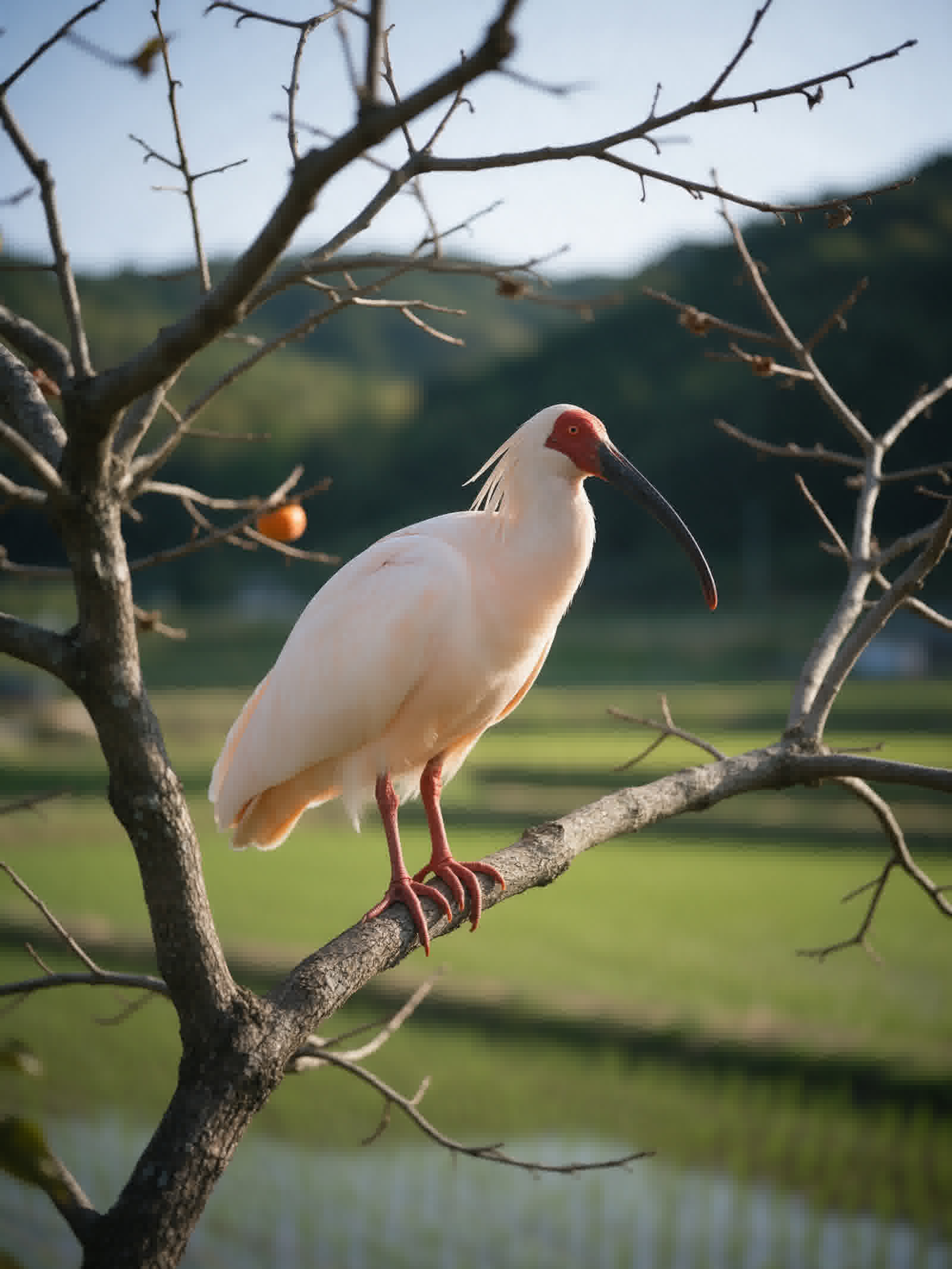 Crested ibis perched on a post against pale sky