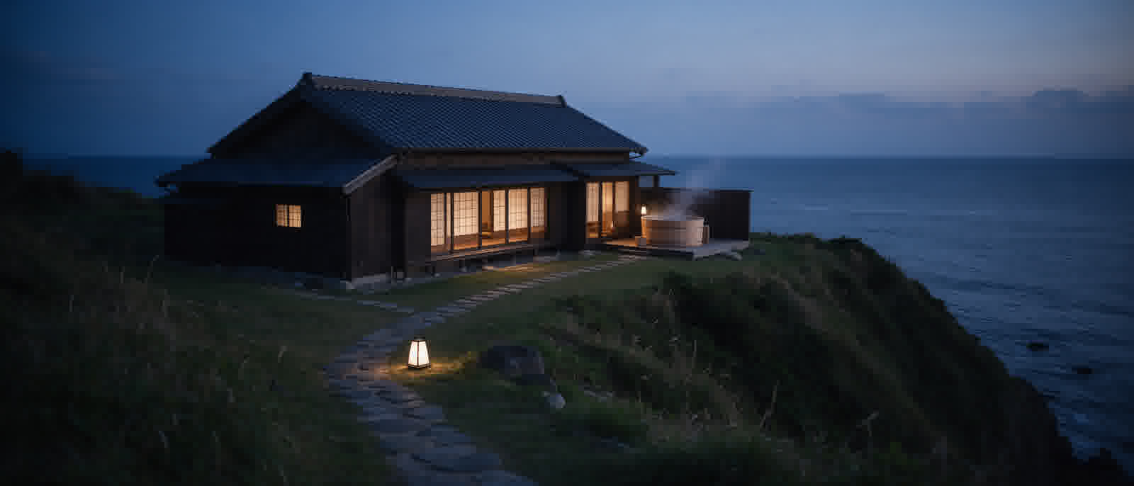 Restored farmhouse villa facing the sea at dusk